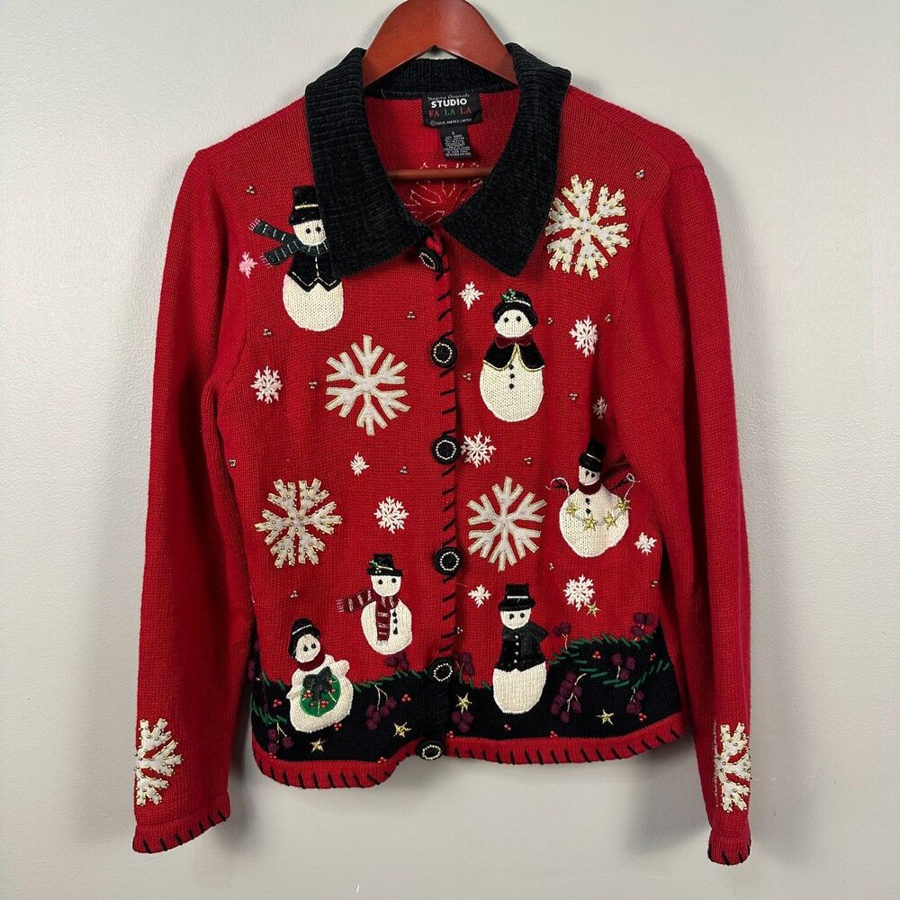 Vintage Studio Fa La Womens Small Holiday Cardigan Sweater Snowman Winter